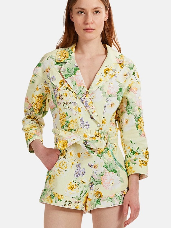 For Love And Lemons Pants - For Love & Lemons Chamomile Denim Romper Buttercreme Floral Size Medium